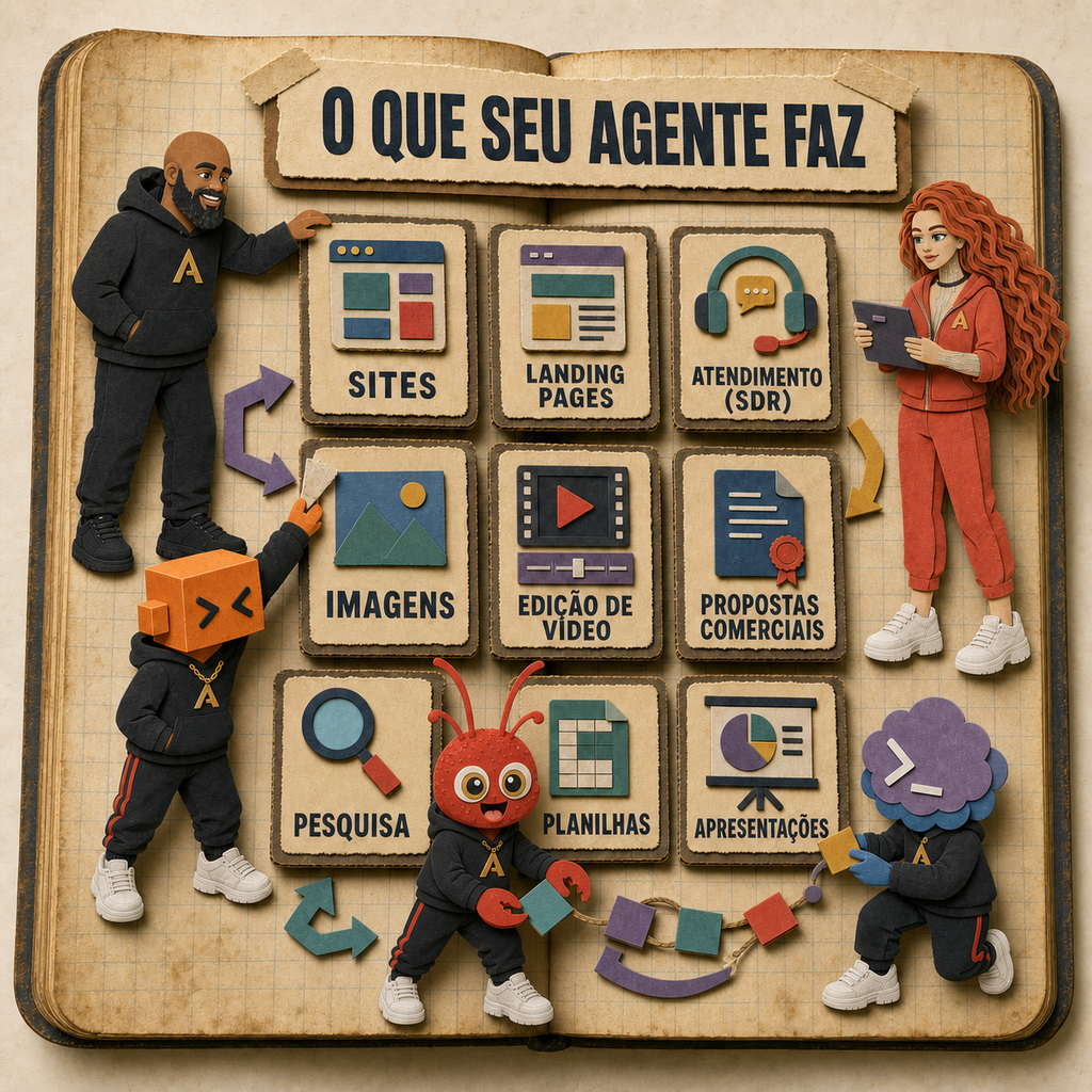 Time de agentes de IA executando nove tarefas: sites, landing pages, atendimento SDR, imagens, edição de vídeo, propostas comerciais, pesquisa, planilhas e apresentações